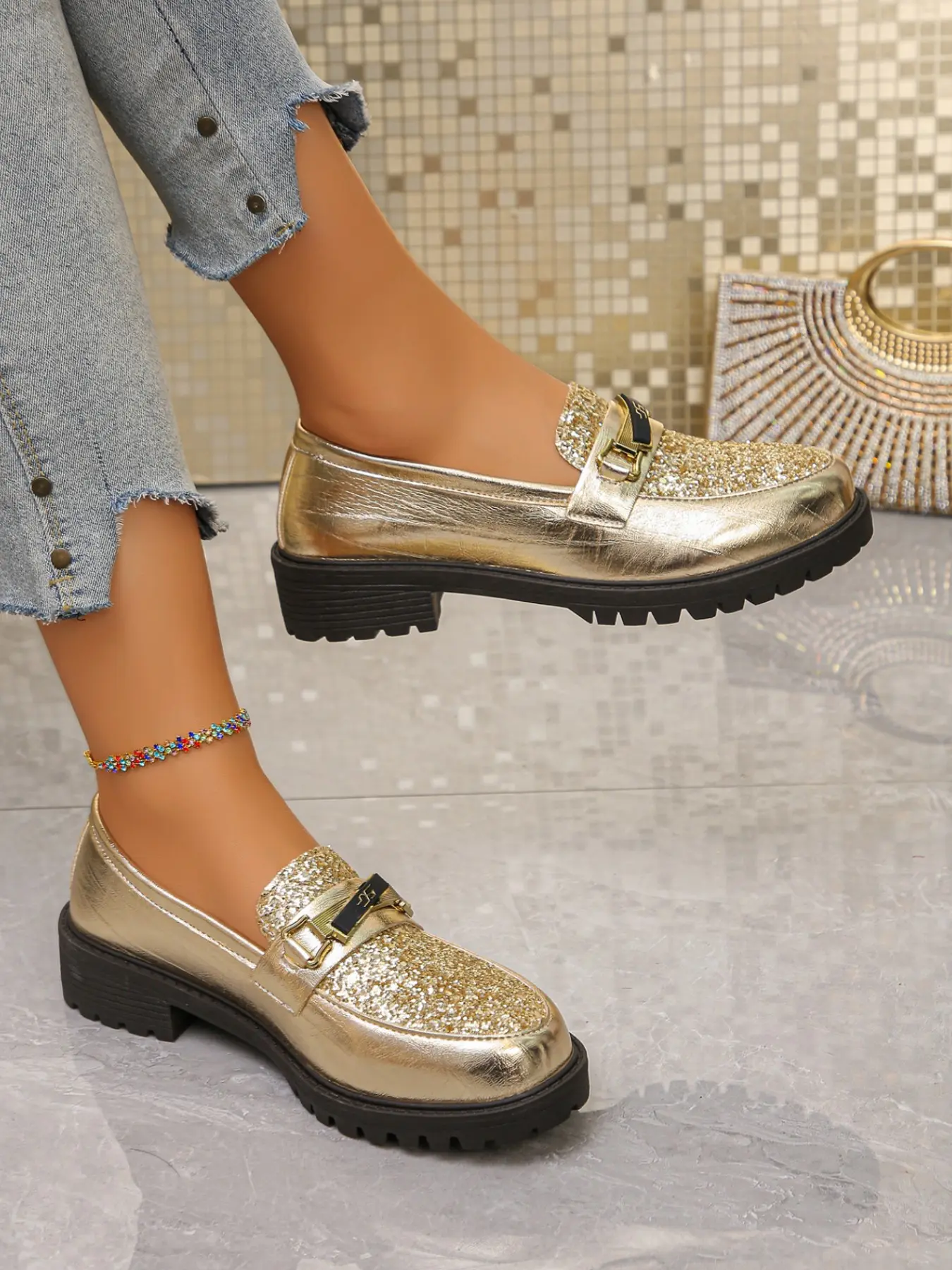 Women's Sequined Metallic Thick Sole Loafers, Slip-On Chunky Heel Party Dress Shoes, & Silver Color, Evening Wear