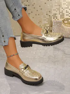 Women's Sequined Metallic Thick Sole Loafers, Slip-On Chunky Heel Party Dress Shoes, & Silver Color, Evening Wear