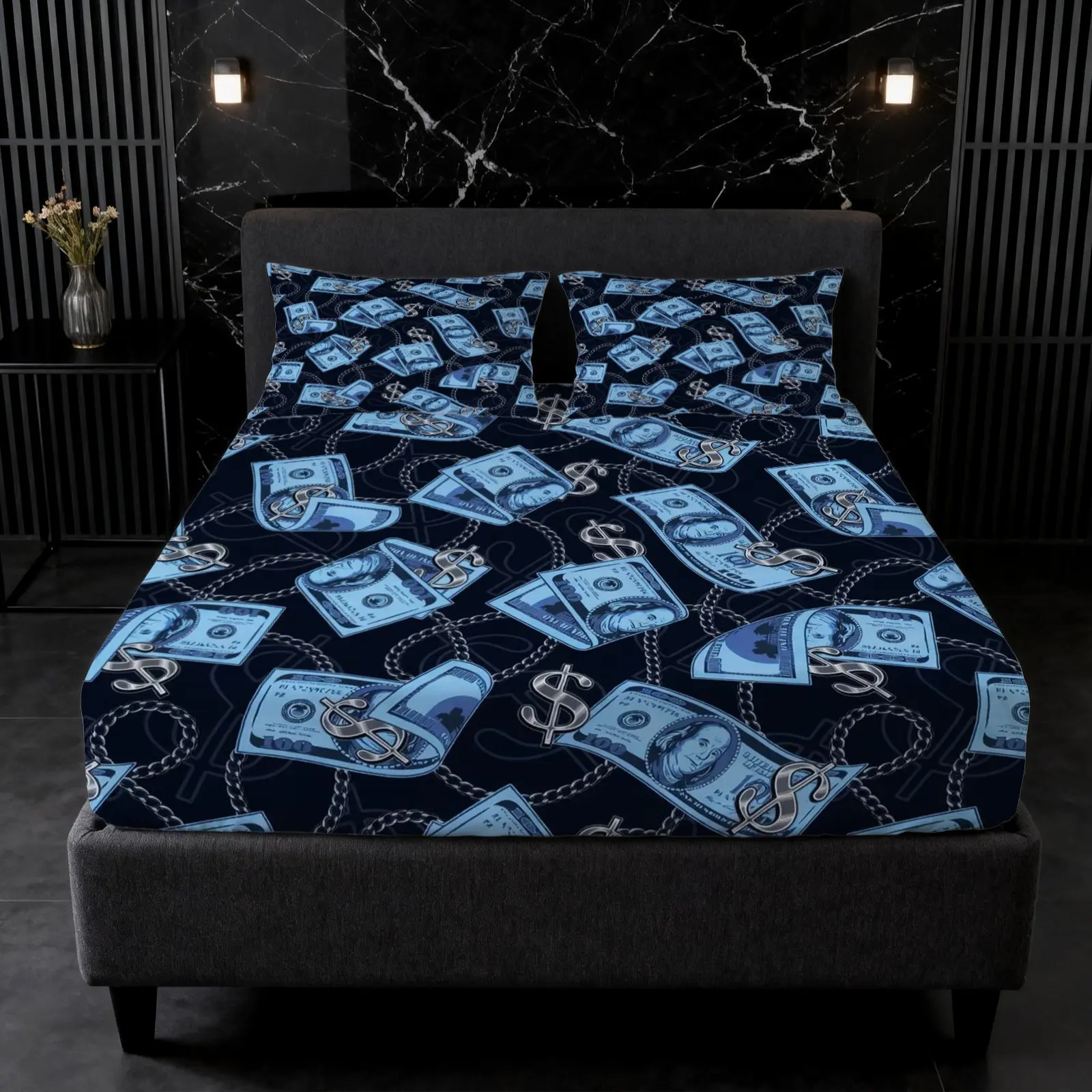 3Pcs Dollar Bill Print Fitted Sheet Set, No Pillow Core, Streetwear Style Deep Pocket Sheets Mattress Protector for Home & Teens, Polyester Printed Bedding Set, Bed Linens