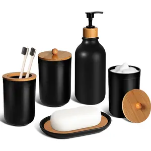 5 Pcs Matte Black Plastic Bathroom Accessories Set Including Soap Dispenser Toothbrush Holder Soap Dish Cotton Swab Jar for Boho Bathroom Decor