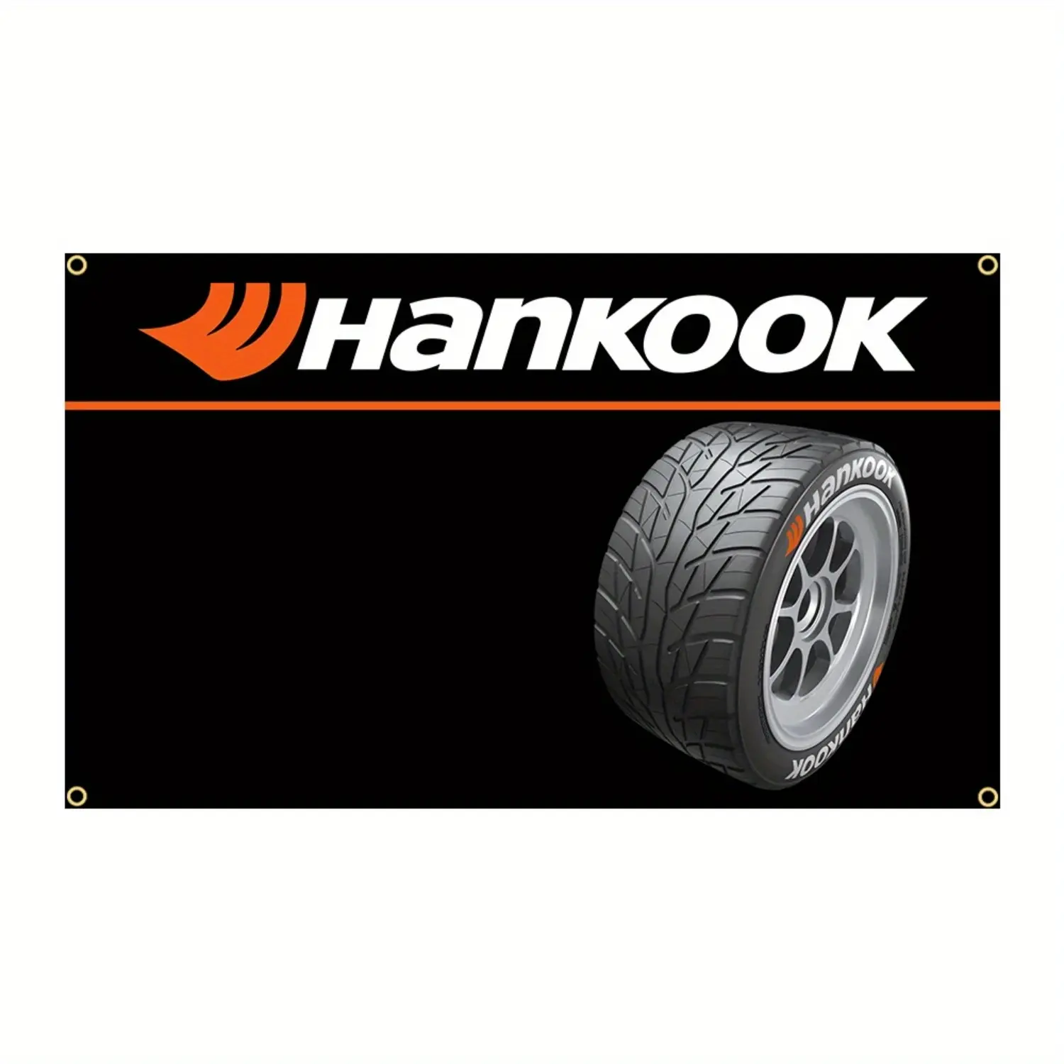 Hankooks Tires Flag 3x5ft (90x150cm) Polyester Racing Car Banner - Vibrant Orange/White/Black Garage & Outdoor Decoration, Weather-Resistant, No Electricity Needed, Bold Tire Design