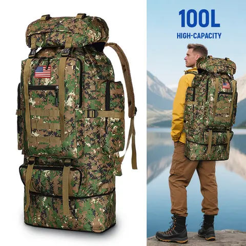 Jumahe 100-Liter Capacity Camouflage Pattern Backpack - Durable 600D Oxford Cloth Male Hiking Trekking Rucksack, Leakproof Rain-Proof Dry Emergency Kit Duffel for Camping Overnight Gear