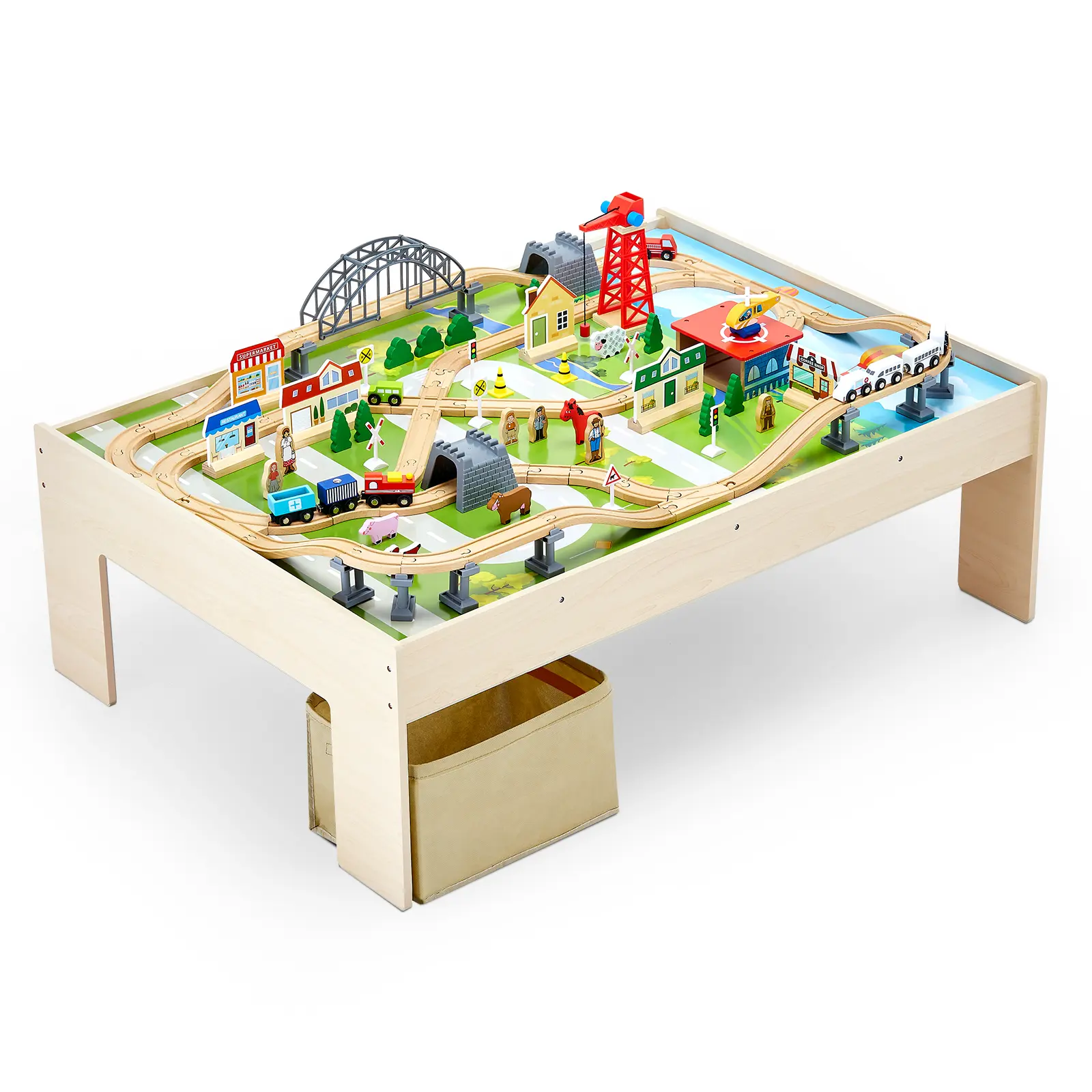 VEVOR Train Table,  120 Multicolor Pieces Wooden Kids Activity Table with Collapsible Storage Bin, 3-in-1 Wooden Train Set for Gaming, Drawing, Reading, Eating, Creative Toy Set for Kids Ages 3+