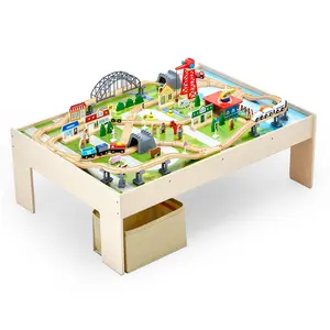 VEVOR Train Table,  120 Multicolor Pieces Wooden Kids Activity Table with Collapsible Storage Bin, 3-in-1 Wooden Train Set for Gaming, Drawing, Reading, Eating, Creative Toy Set for Kids Ages 3+
