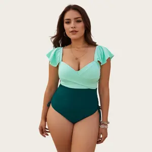 Plus Size Color Block One-Piece Swimsuit, Mint Green Ruffle Sleeve V-Neck Bathing Suit, Tummy Control Ruched Swimwear with Side Ties Summer New Arrival Swimwear tummy control ruched body shaping swimsuit  beach pool swimwear