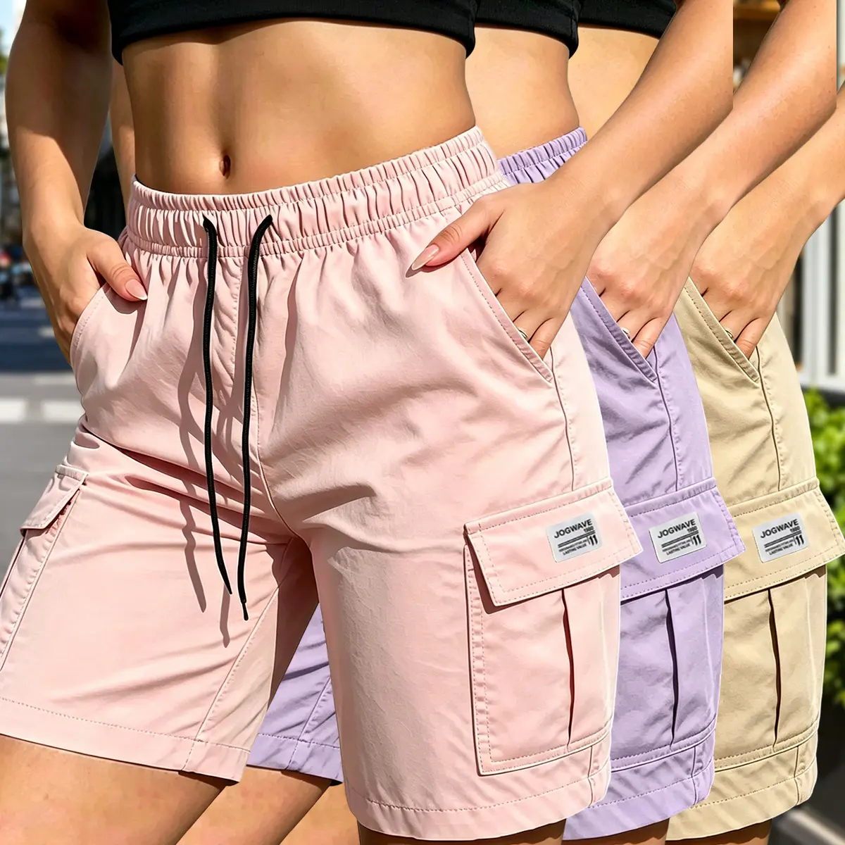 3-pack women’s summer fashion casual solid-color cargo shorts with drawstring waist and pockets, featuring a simple large patch pocket; suitable for outdoor leisure, sports, everyday fashion outfits, etc.