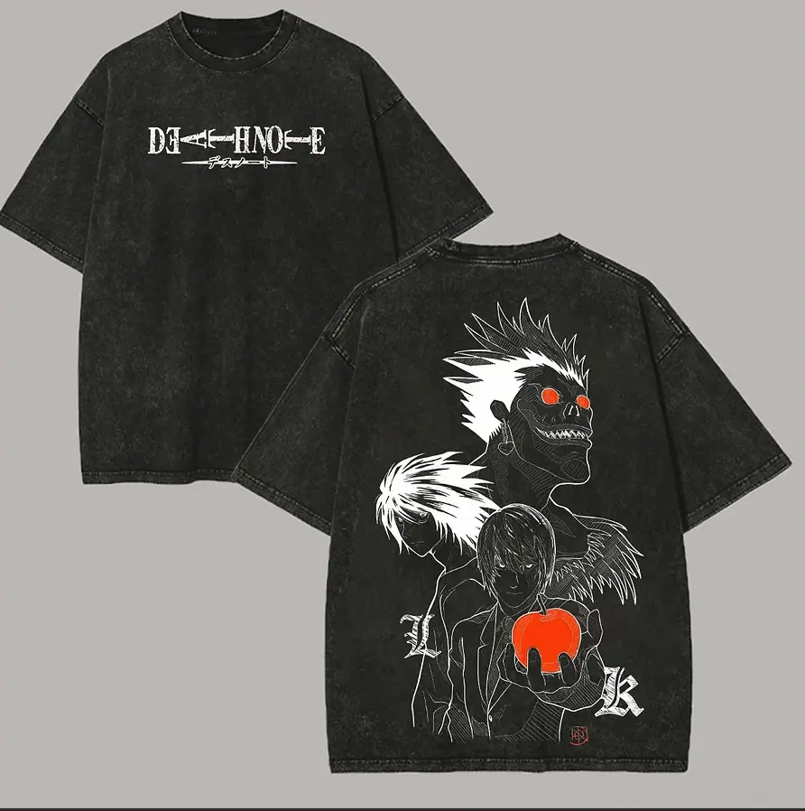 Men's Japanese Streetwear Short Sleeve T-Shirt, Oversized Vintage Tee with Cartoon Graphic, Distressed Washed Finish, Tshirt, Top, Crew Neck, Washed Look, Shortsleeve, Round Neck, Casual, Menswear, Festive