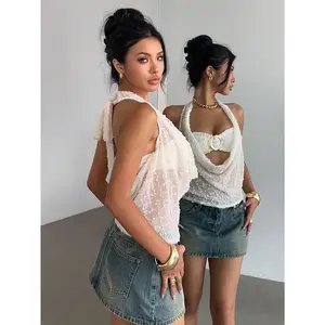 Swiss Dots Draped Front Halter Top Tie Back Sheer Y2K Summer Shirts