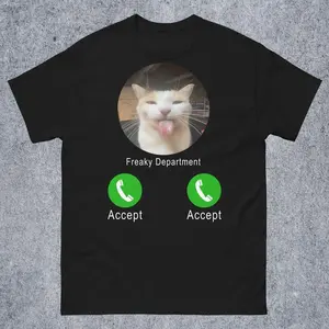 Freaky Department Funny Cat Meme Tee Shirt Unisex Top for Women & Men Unhinged Ugly Cringe Stupid Gifts Crewneck Shortsleeve Casual Streetwear Menswear Tropical Black