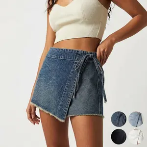 Women's Mid-Waist Above-Knee A-Line Denim Jean Skirt - Belted Frayed Hem High-Quality Soft Stretchy Breathable Lightweight Polyester Elegant Everyday Style for Young Women Plus Size Summer Streetwear,summerwins