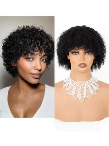 Women's Short Curled Real Hair Wig Cap, 6 Inch Bangs African Bomb Headset, Fluffy Curly False Hair, 100% Real Hair, Natural, 100g, Curly Hair Wigs, Human Curly Wig