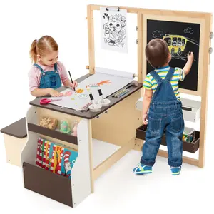 Costzon Easel for Kids, Wooden Art Center with Double-Sided Blackboard & Whiteboard, Paper Roll for Drawing, Crafts, Writing, Toddler Activity Table with Storage, Kids Table and Chair Set