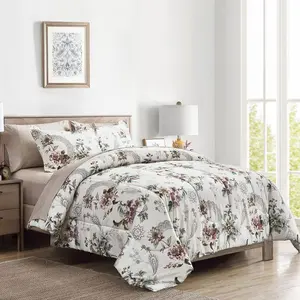 7 Pieces Bed in a Bag Queen Comforter Set with Sheets, Beige Floral Design, Soft Microfiber Bedding Sets for All Season (1 Comforter, 2 Pillow Shams, 1 Flat Sheet, 1 Fitted Sheet, 2 Pillowcases)
