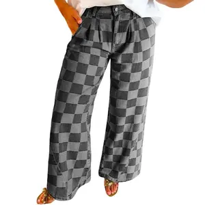 Women’s checkered denim wide-leg jeans for everyday wear — baggy pants, baggy legged pants, outfits