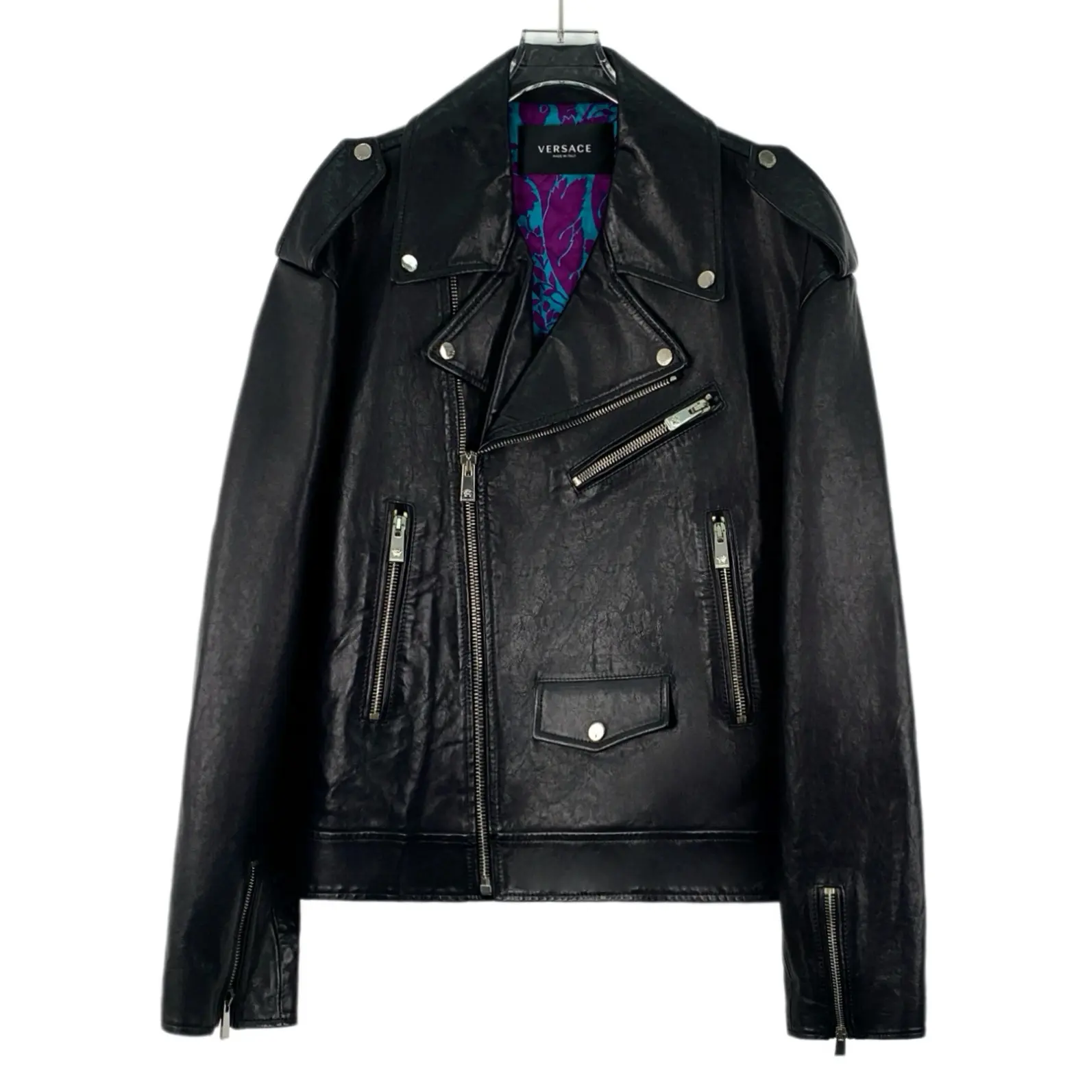 RDLT-Versace Size M Black Distressed Leather Biker Zip Jacket-H28527