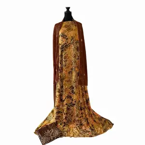 Chocolate brown and red Velvet Elegant Floral 3PC Unstitched Dirac Driya with Rich Gold & Bronze Embroidery Perfect for Eid Celebration & Gathering