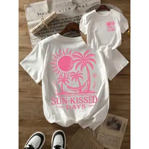 Sun Kissed Days Pink Tropical Palm Tree Graphic Tee Unisex Short Sleeve Crewneck Summer Vacation Beach Outfit Casual Streetwear Shirt