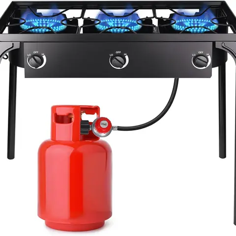 3-Burner Rectangle Cast Iron High-Power High-Pressure Propane Gas Stove with Detachable Legs, 225000-BTU Powder Coated Outdoor Cooking Station with Individual Heat Dials for Camping Cooking, Tailgating, Fishing