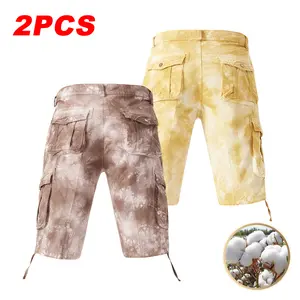 2-pack men’s tie-dye cargo shorts, multi-pocket design, 100% pure cotton fabric, unique streetwear brand style, suitable for summer street fashion outfits military Stretch Knit Capri Pants Men's Casual Breathable Slim Fit Compression Training