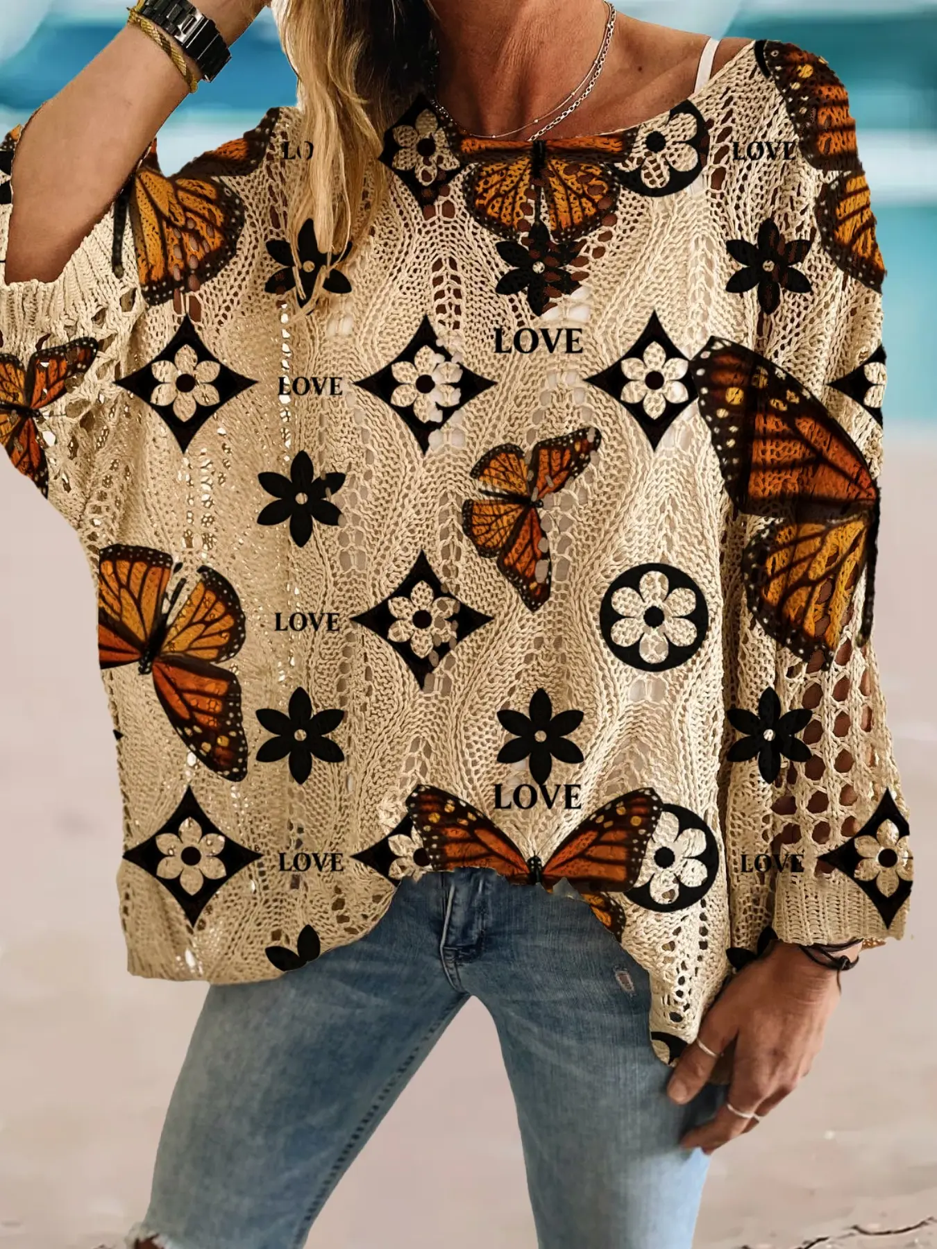 Geometric Butterfly Print Long Sleeve Knit Top, Casual Elegant Elegance Chic Aesthetic Vacation Style Sweater Knitwear, Loose Batwing Shoulders, Spring Summer Fall Women's Clothing Womenswear