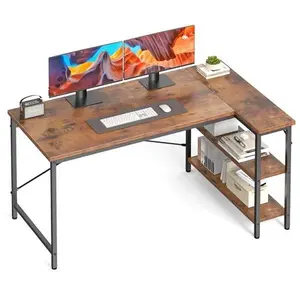 L-Shaped Office Desk 39 Inch, Large L-Shaped Computer Writing Workstation with Reversible Storage Shelf Rack, Industrial Style Gaming Desk with Cup Holders & Cable Management Hole for Home Office Small Space