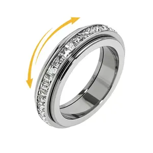 Fidget Anxiety Ring for Women & Men, Titanium Steel CZ Stress Relief Ring, Lucky Wedding Anniversary Gift