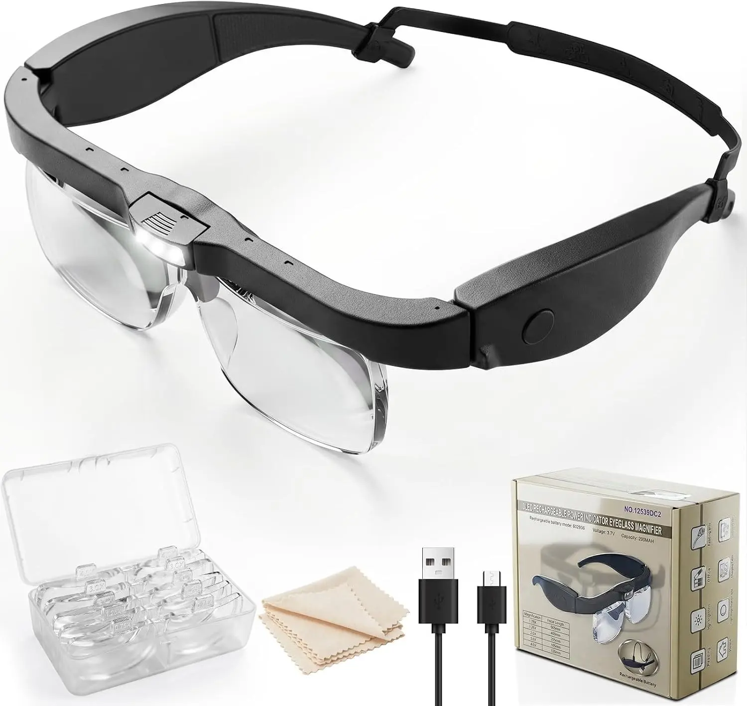 Magnifying Glasses with Light, 0.75X-4.0X Magnifying Glass, Rechargeable | Head Magnifier Glasses with 3 LED Lights and 5 Detachable Lenses, Headset Magnifier for Close Work Crafts Jewelry