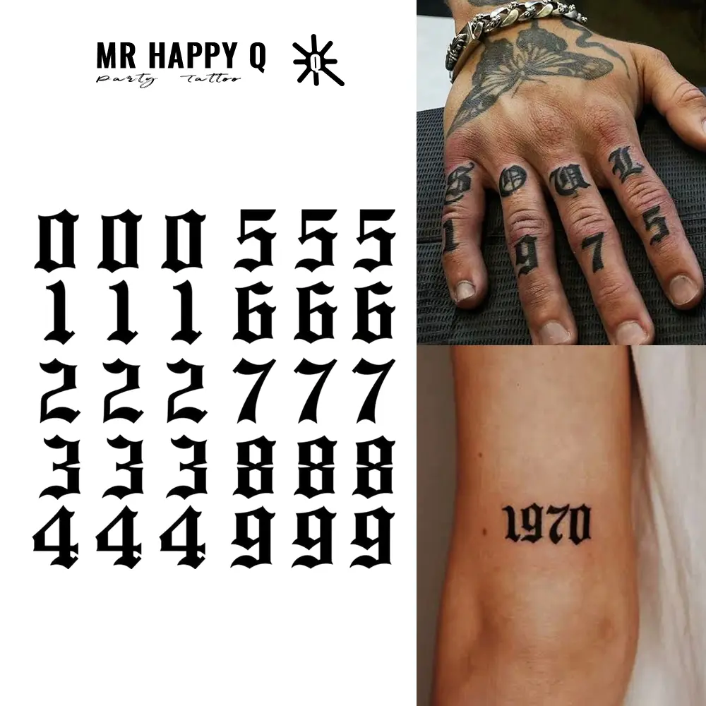 Temporary Tattoo Sticker Removable Waterproof Arabic Numbers Lucky Number Pattern Gothic Style Unisex Hand Finger Tattoos Fashion Art Font High Quality Printing