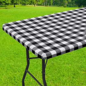 smiry Rectangle Picnic Table Cloth, Elastic Waterproof Fitted Vinyl Tablecloth for 6 FT Tables, Flannel Backed Buffalo Plaid Table Covers for Dining, Camping, Outdoor (Black and White, 30" x 72")