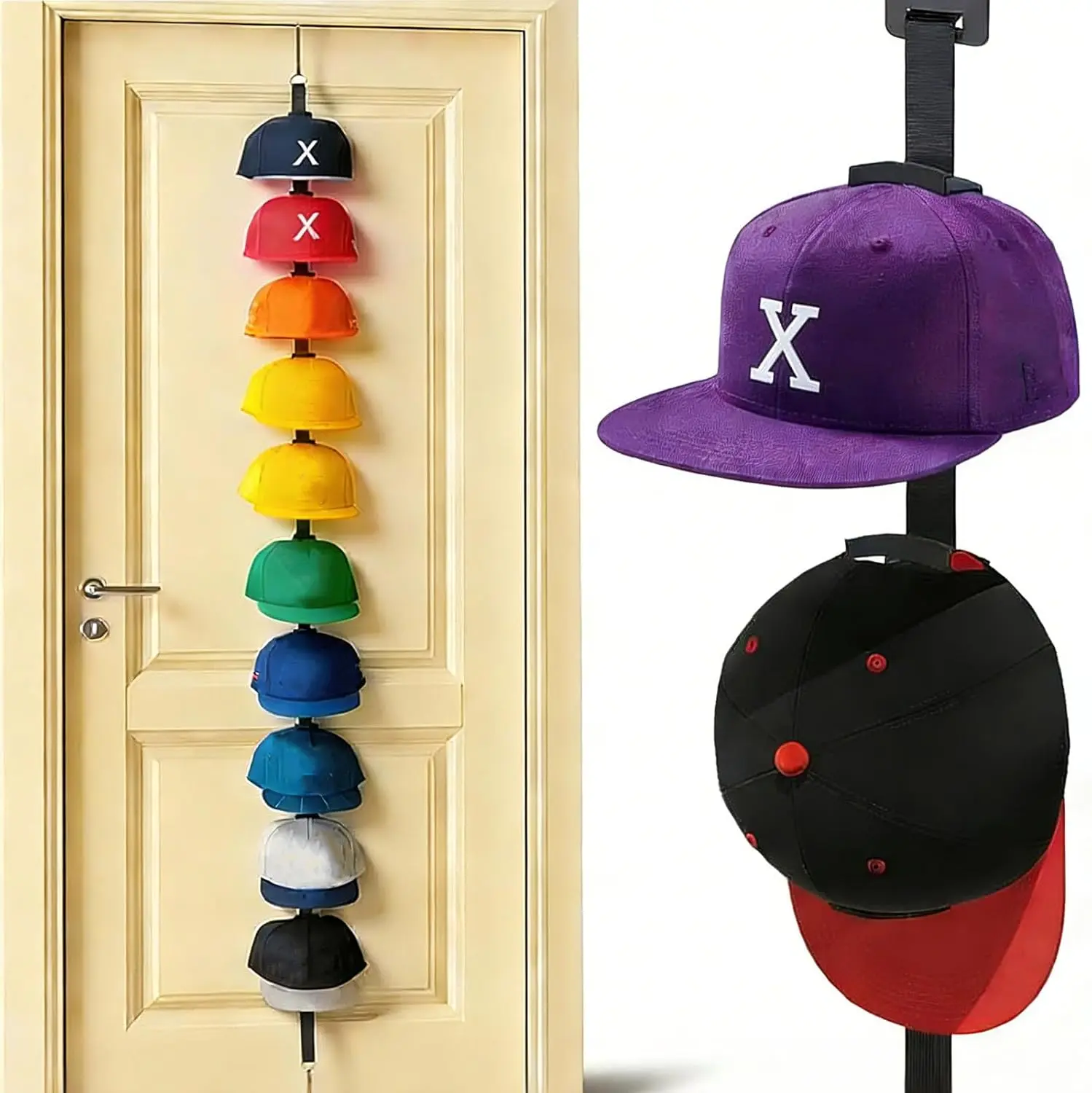 10-Layer Stainless Steel Baseball Hat Organizer Rack - Wall Mountable, Over-Door, Foldable, Adjustable Home Organizer Hook for Small Spaces