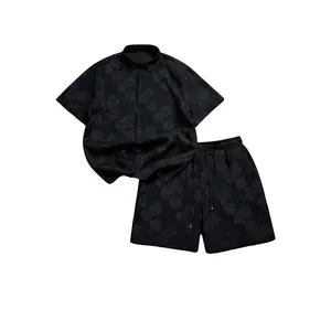 Vacation Outfits 2 Piece Beach Summer Set Sequin Flower Embroidery Short Sleeve Shirt and Shorts Sets