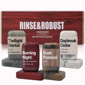 Rinse & Robust 4Pcs Natural Cleansing Soap Bar Set Gift for Men Exfoliating & Moisturizing Luxury Soap, 5.3 oz of 4 Bars