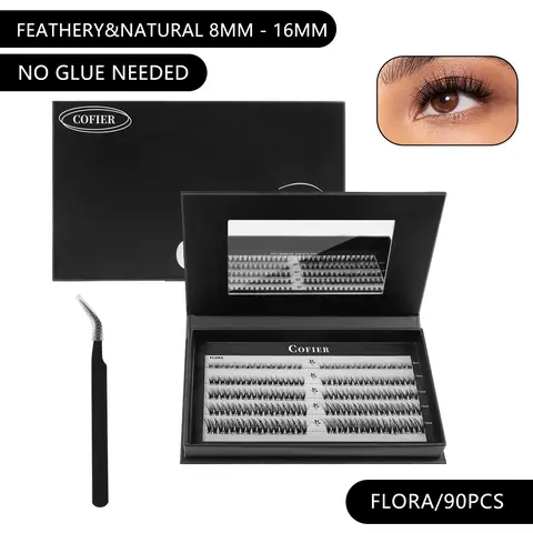 Cofier Cosmetic Fluffy Lash Clusters Kit - Lightweight No-Glue Self-Adhesive Press-On Individual Lashes, Makeup Enhancing, Gentle Realistic Look, Beginner-Friendly with Tweezers, 90 PCS, Ideal for Adults