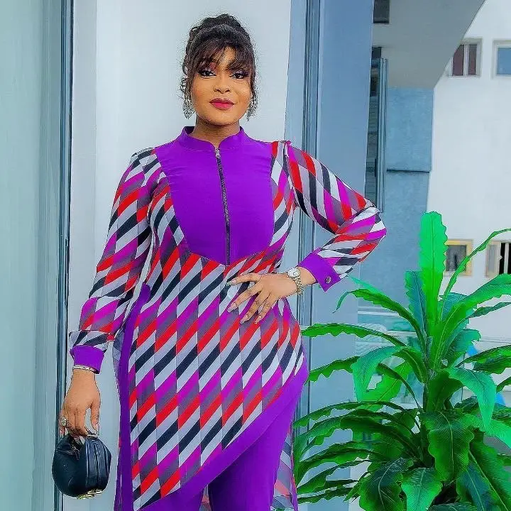 Turkey 2 Piece Outfit Set - Purple and Gray Patterned Dress with Long Sleeves and Matching Outfit, Ideal for Casual Wear Comfort Womenswear Comfortabl