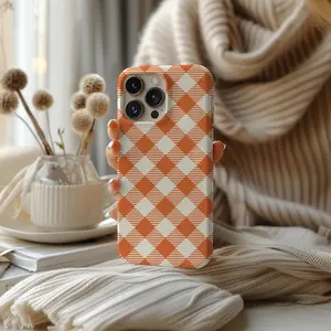 Orange Gingham Plaid iPhone Magsafe / Tough Phone Case, Slim Shockproof Protective Cover, Fits iPhone 17 16 15 14 13 12