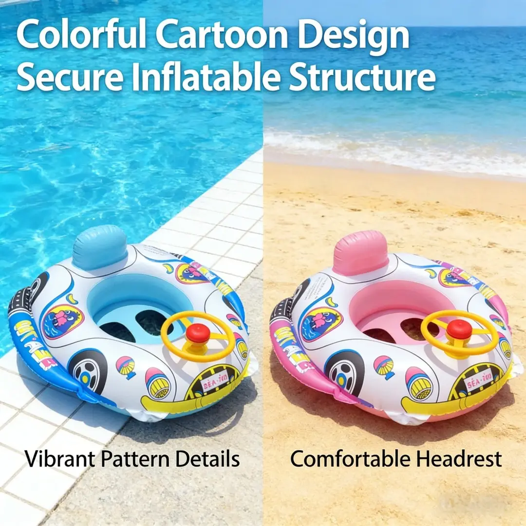 Cartoon Car Shaped Kiddie Inflatable Swimming Pool Float, Cute Cartoon Print, Interactive Steering Wheel Design, Thickened PVC, Fun Float for Summer Water Play, Ride On Floaty, Inflatable Pool Floats