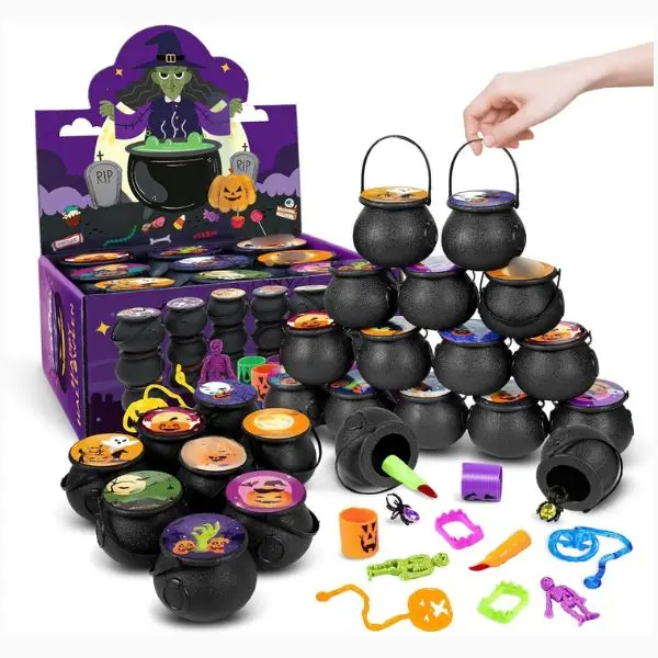 144Pcs Halloween Party Favors for Kids, 18 Prefilled Mini Plastic Witch Cauldron Halloween Goodie Bag Pinata Fillers Halloween Treats Non Candy Bulk Classroom Prizes Trick or Treat Toys Party Gifts