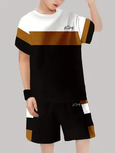 Summer Boys Colorblock Set, King Letter Printed T-Shirt + Shorts Two-Piece, Casual Fitted, All over Print, No Ca Prop 65