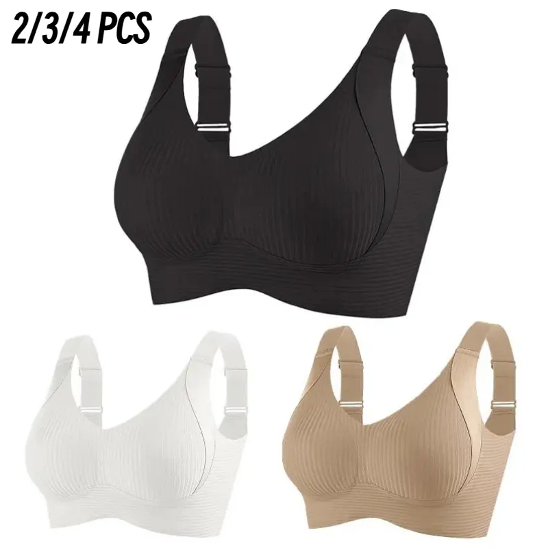EssElegance Women's Solid Four-breasted Adjustable Wireless Bra, Soft Comfortable Breathable Ribbed Push Up Seamless Bra, Women's Lingerie for All Seasons