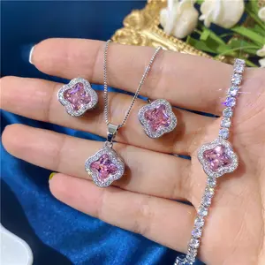 Zircon Color Crystal Necklace Set European and American Style Petal Zircon Earrings Necklace Bracelet Three-piece Set