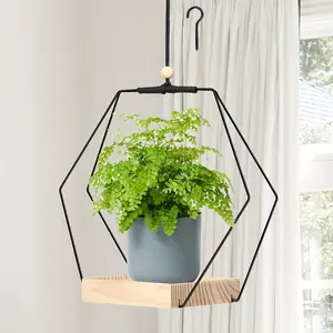 Boho Macrame Wall Hanging Planter Holder with Hexagon Wood Base for Indoor Plants, Black Geometric Home Window Room Decor, Plant Hanger for Shelf, Hanging Plant Basket, Hanging Flower Pots (Pot & Plant Not Included) #TOP PICKS