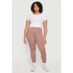 Plus Size Solid High Waisted Leggings with Cell Phone Pockets