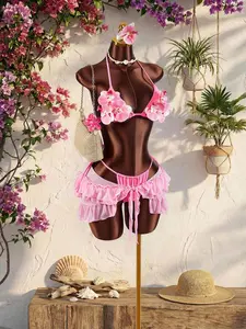 Women's 3PCS Floral Cup Bikini Set | 3D Flower Push Up Swimwear with Ruffle Cover Up | Sexy Beach Vacation Summer Outfit