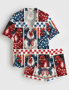 Patriotic Chicken Pajama Set Women, Funny Americana Rooster PJ Set, 4th of July Lounge Sleepwear, Polyester Button Up Shorts Set