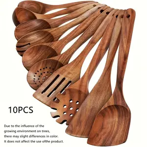 10pcs Premium Wooden Kitchen Utensils Set, Ergonomic Handle, Non-Stick Pan Spoons, Natural Wood Spatulas & Scrapers, Salad Spoon, Noodle Scoop