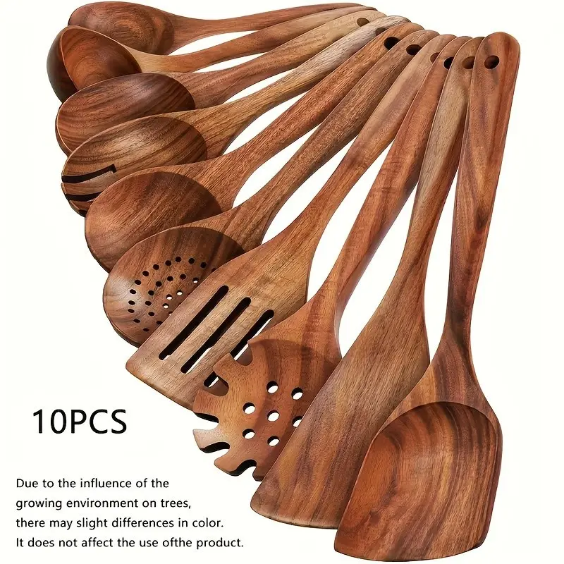 10pcs Premium Wooden Kitchen Utensils Set, Wooden Cooking Tools, Cooking Accessories, Ergonomic Handle, Non-Stick Pan Spoons, Natural Wood Spatulas & Scrapers, Salad Spoon, Noodle Scoop