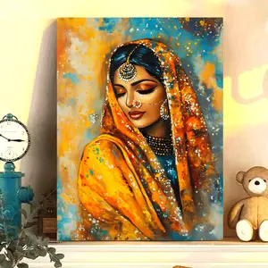 [Wooden Framed Canvas Art] 1pc Punjabi Woman Art - Wooden Framed Canvas Painting, Phulkari Wall Art for Indian Cultural Decor, 11.8Inx15.7Inch