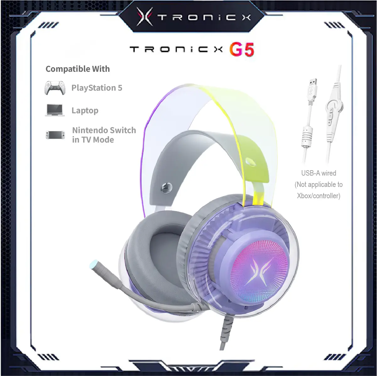 [Back to School] TAGRY TRONICX G5 Wired Gaming Headset with 50mm Driver, ENC Microphone, USB Headset with 7.1 Surround Sound, Control Box for PS5/Switch in Dock Mode (Not Compatible with Xbox or Controller) for FPS Gamers tiktokshopbacktoschool