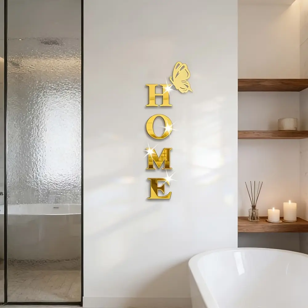 5PC, Golden HOME with butterfly acrylic mirror wall sticker, Acrylic Material, Ornaments, Versatile Placement, suitable for home decoration, living room, bathroom, bedroom, DIY detachable wall sticker, Wall Art Stickers, Wall Decal, Decoration Items