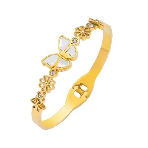 Butterfly Bangle for Women Stainless Steel Bracelet Small Daisy Butterfly Open Design Zircon Inlaid Titanium Steel Bracelet